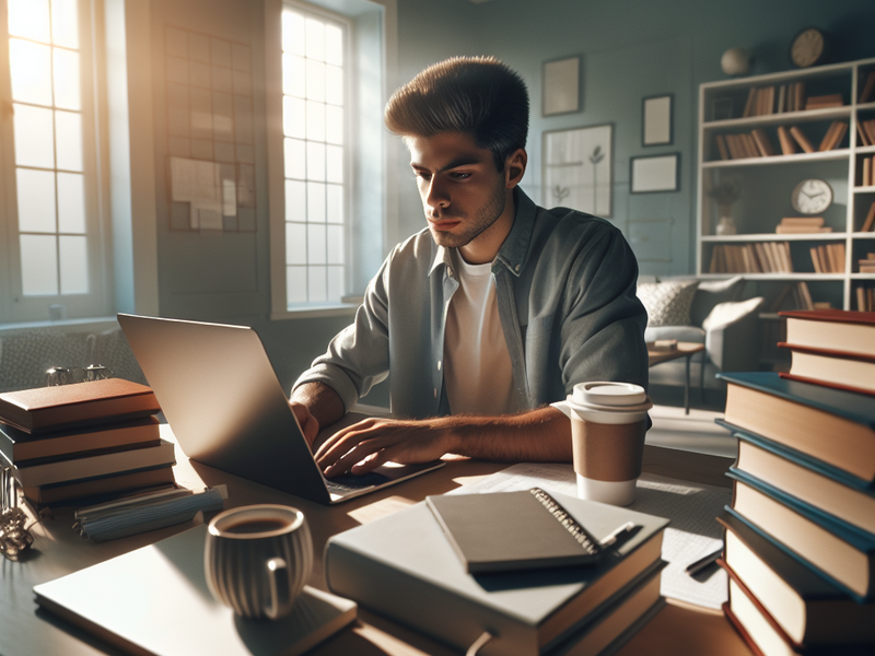 Estudante em um ambiente de estudo organizado